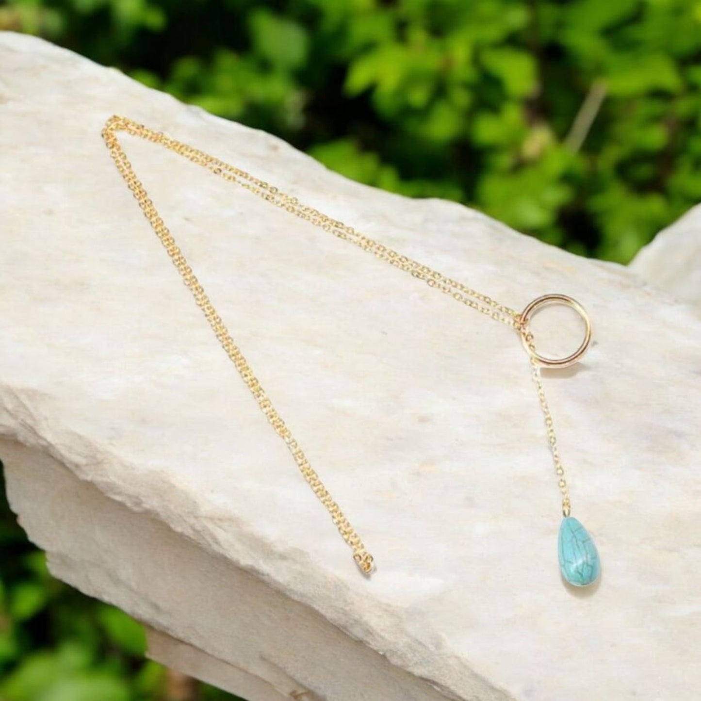 Appreciated And Simple Gold Metal Dainty Necklace with Cowgirp Blue Crackle Drop