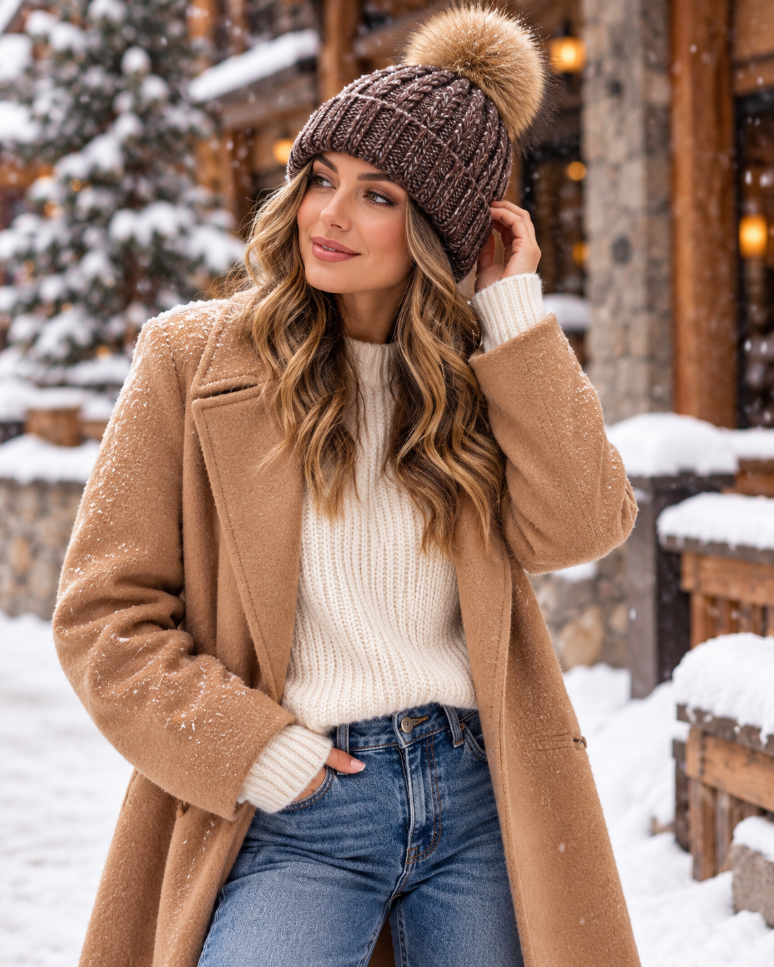 Everly Marled Cable Knit Pom Beanie