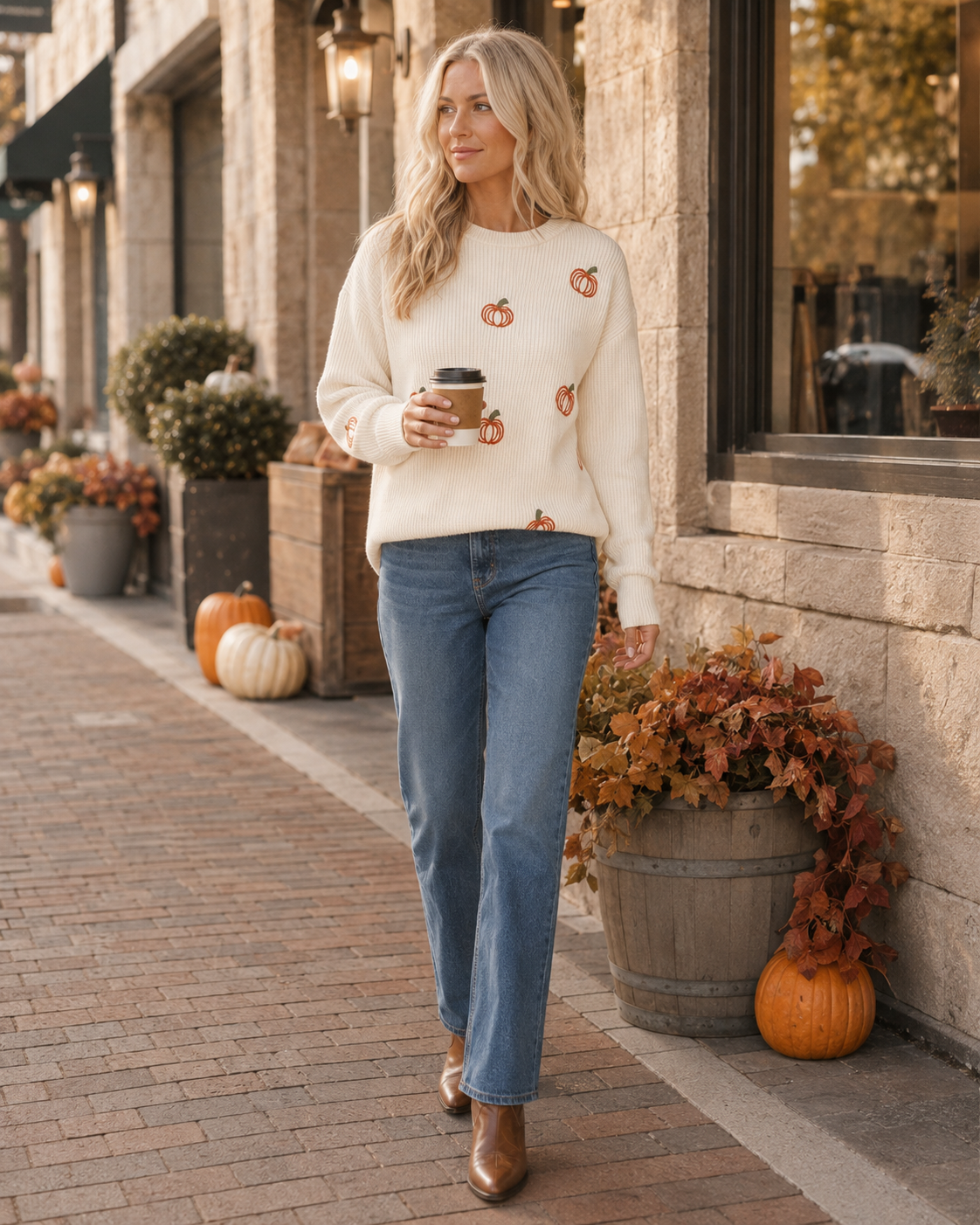 Emma styling the embroidered pumpkin sweater with straight-leg denim during a golden-hour fall afternoon.