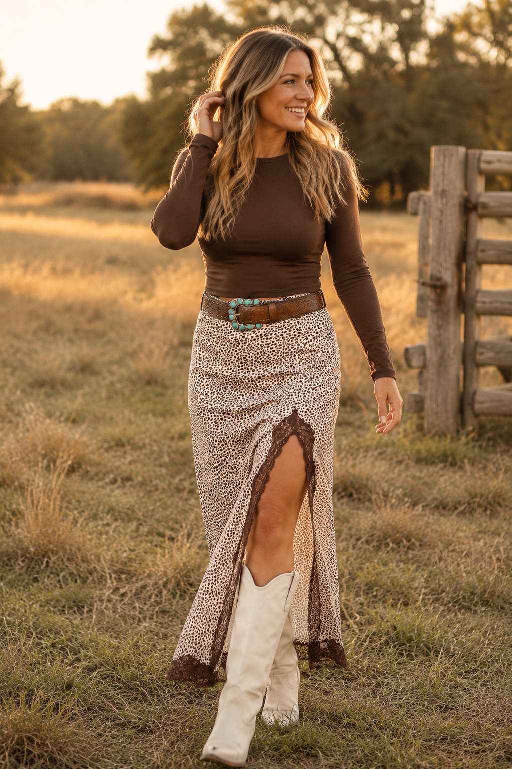 Saddle & Lace Cheetah Print Western Maxi Skirt