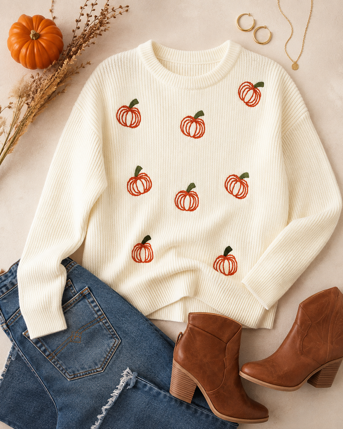 Emma wearing the embroidered pumpkin sweater in a warm candlelit fall setting styled for Thanksgiving season.
