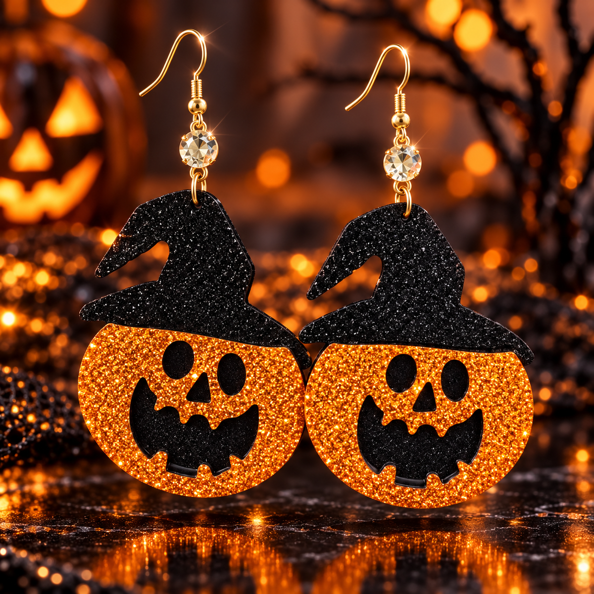 Witchy Pumpkin Glitter Drop Earrings