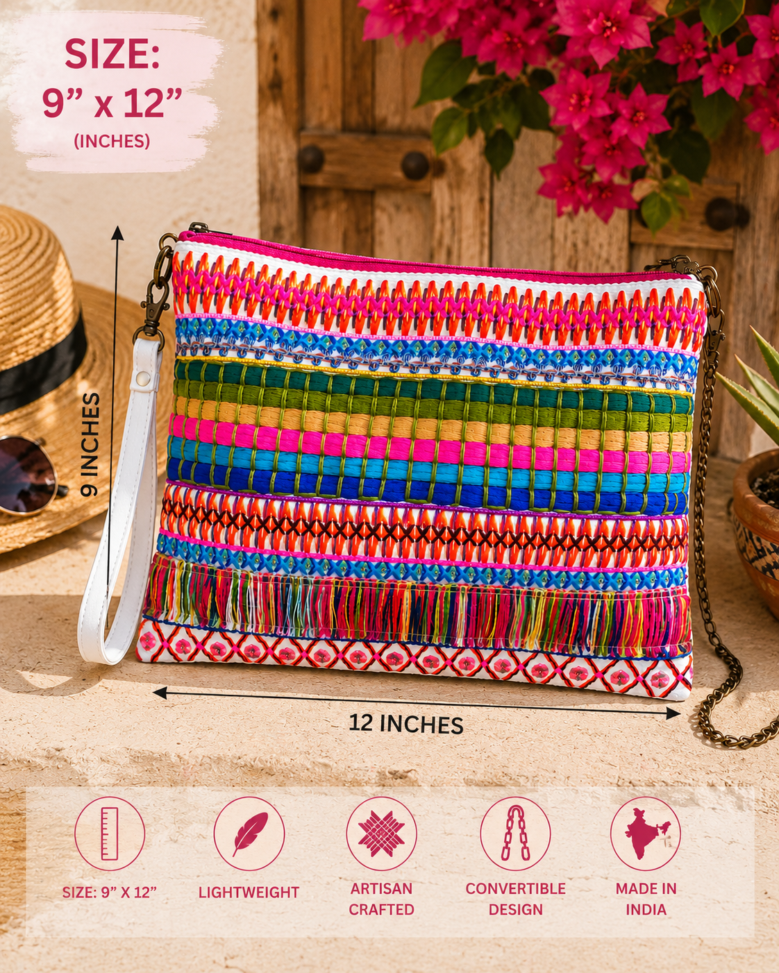 Electric Sunset Fringe Crossbody Wristlet – Colorful Boho Embroidered Convertible Bag
