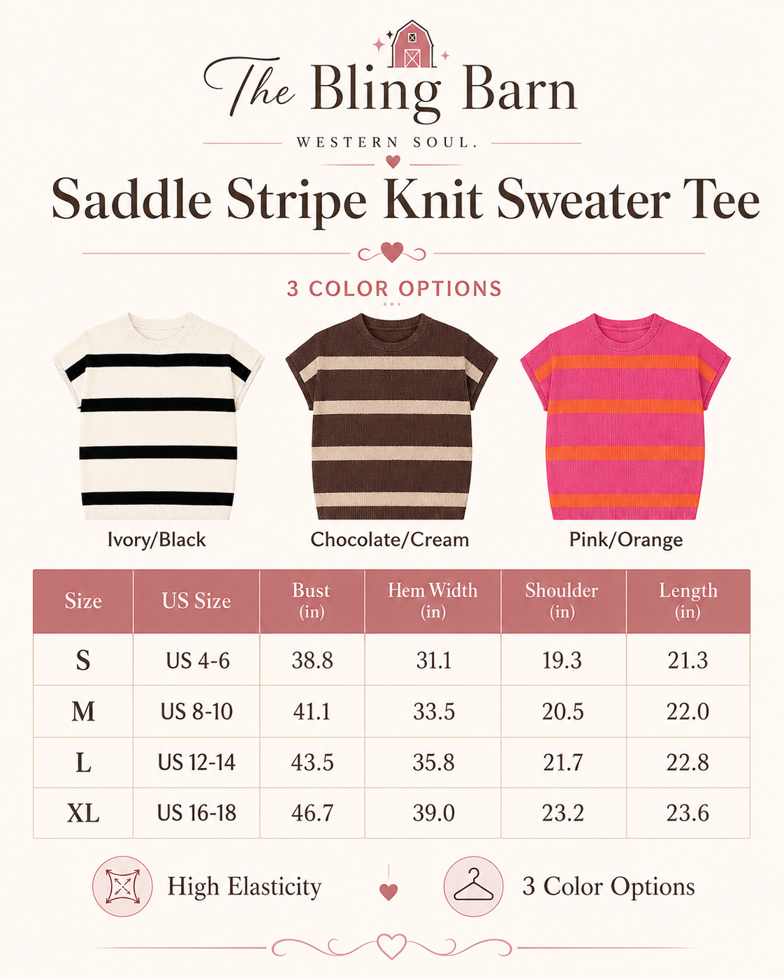 Size chart for the Saddle Stripe Knit Sweater Tee showing sizes S through XL, garment measurements in inches, and high elasticity.