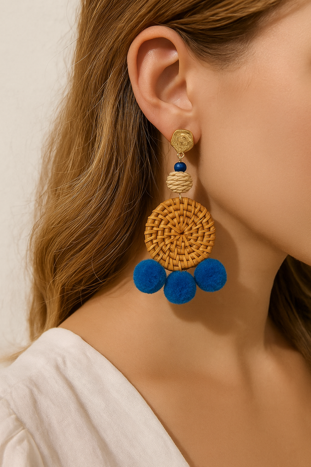 Over The Top Blue Pom and Weaved Circle Earrings