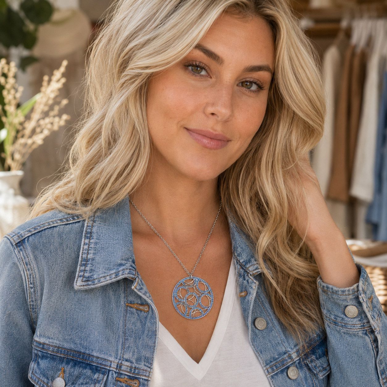 A blonde woman wearing a silver-toned circular pendant necklace with blue stones, styled with a denim jacket over a white top in a softly blurred boutique setting.