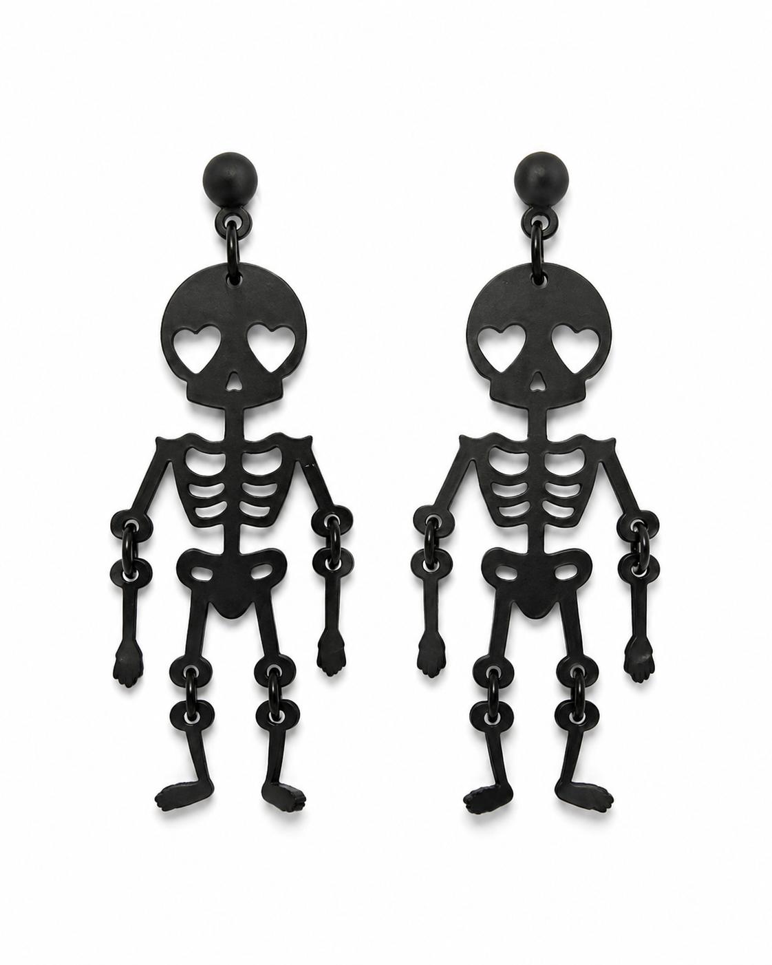 Love You to Death matte black skeleton earrings with heart-shaped eyes on a clean white background