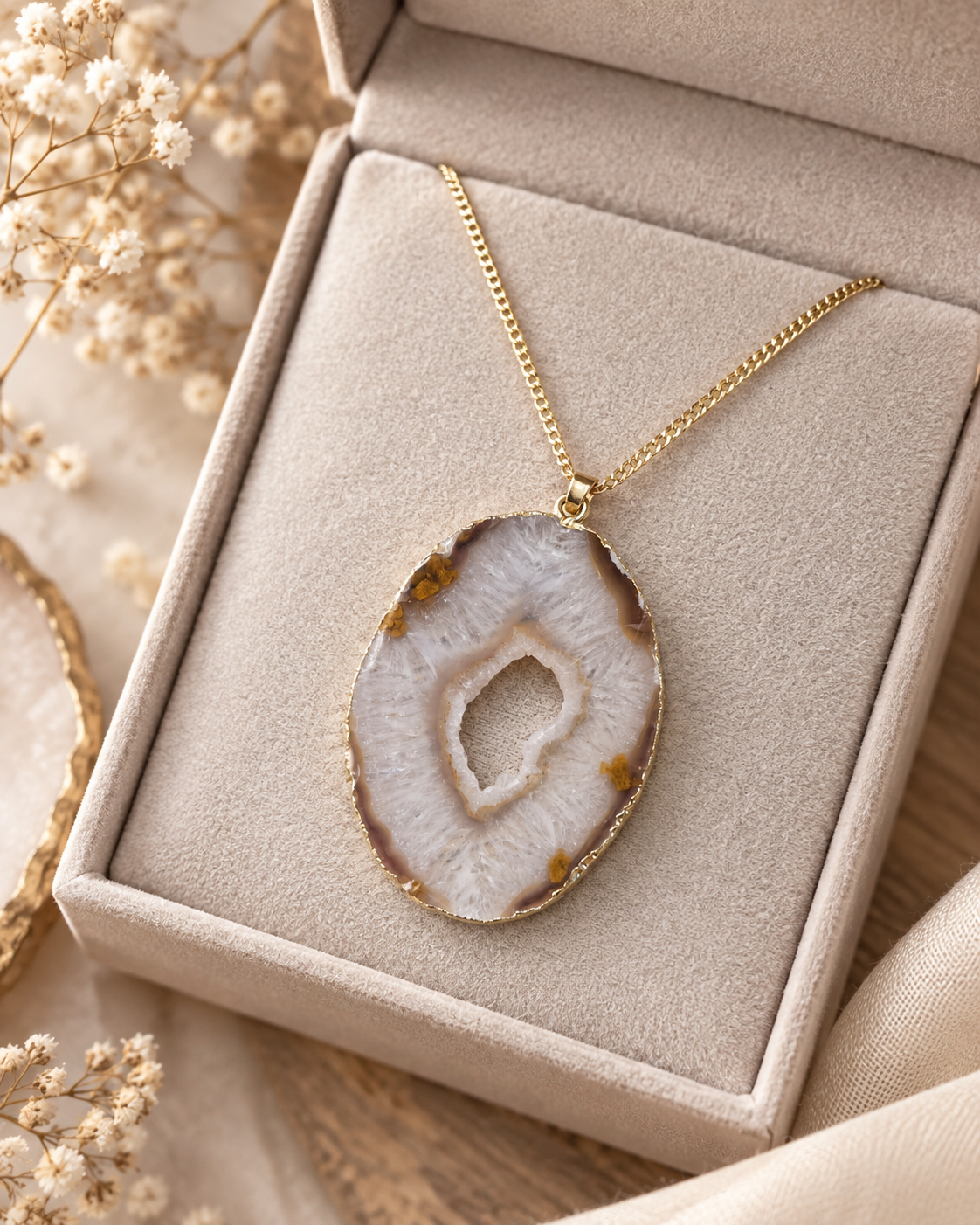 A gold chain necklace with a teardrop-shaped agate slice pendant, displayed inside a beige velvet jewelry box with dried flowers in the background.