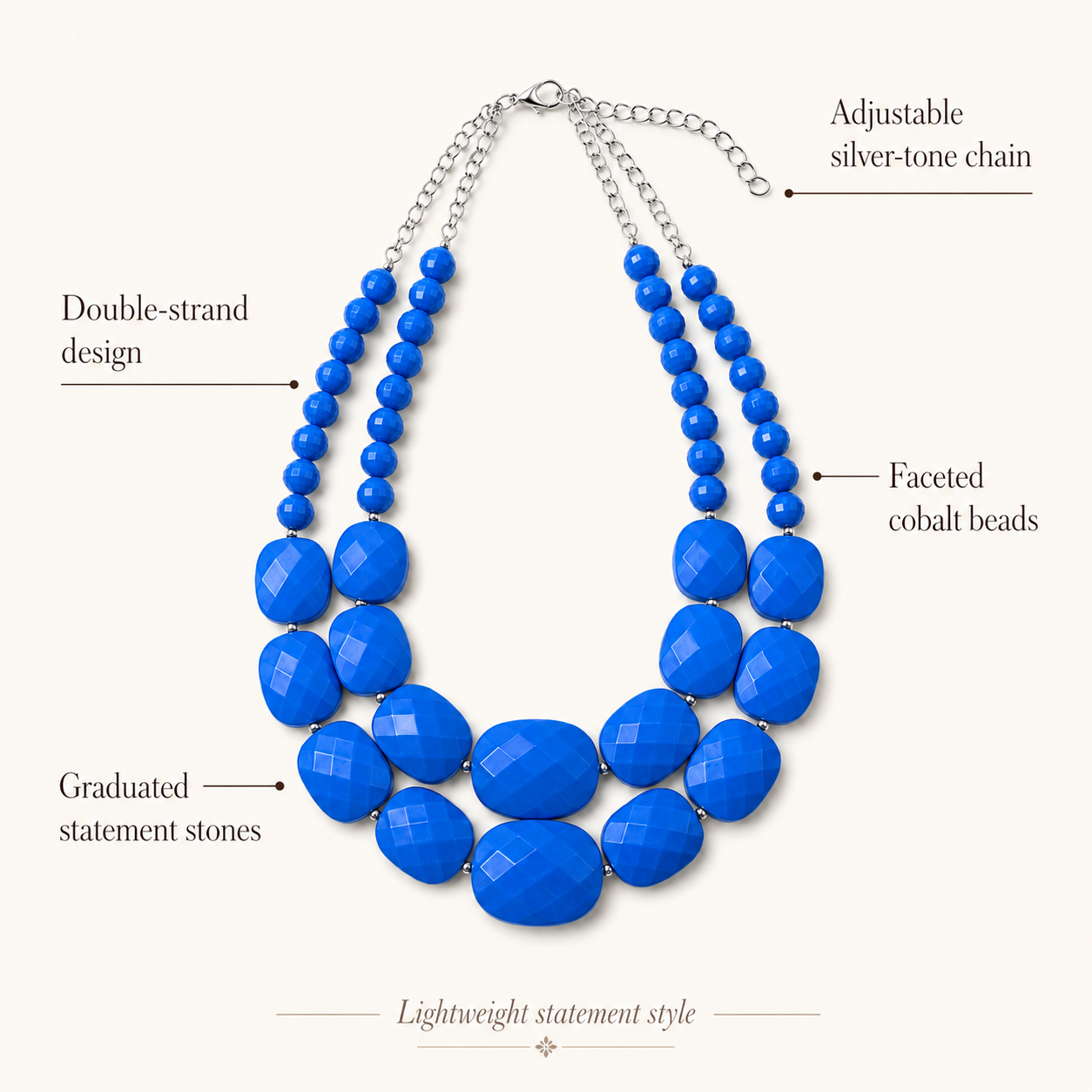 Cobalt Ridge Double-Strand Statement Necklace attributes showing faceted cobalt beads, graduated stones and adjustable silver-tone chain
