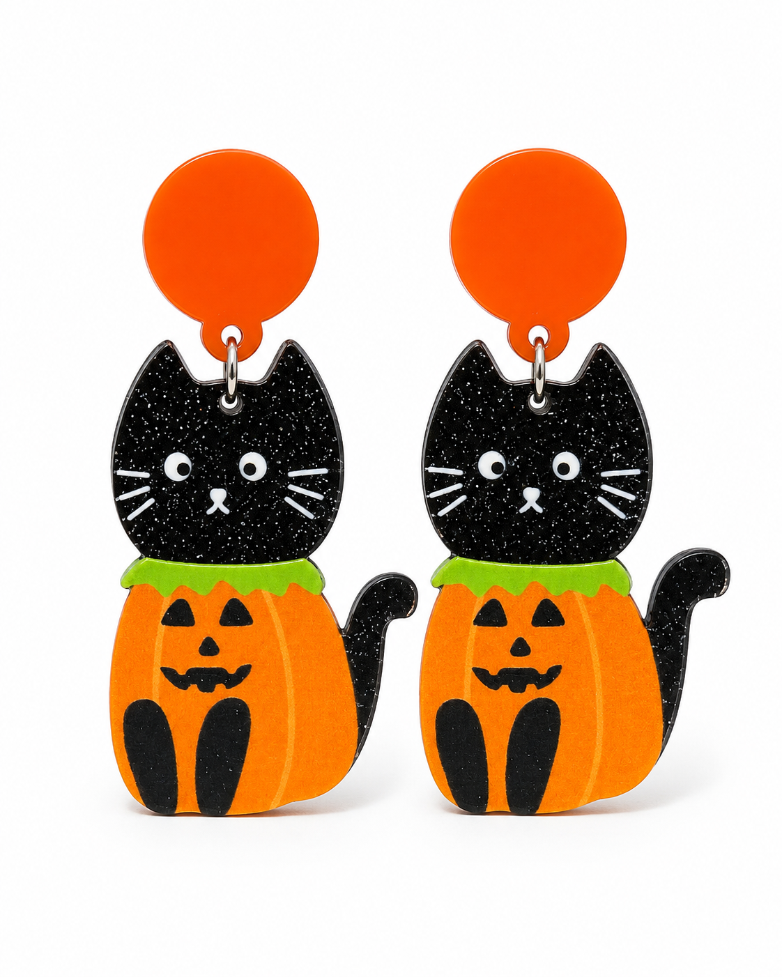Pumpkin Patch Kitty Halloween earrings with orange studs and black glitter cats on a white background