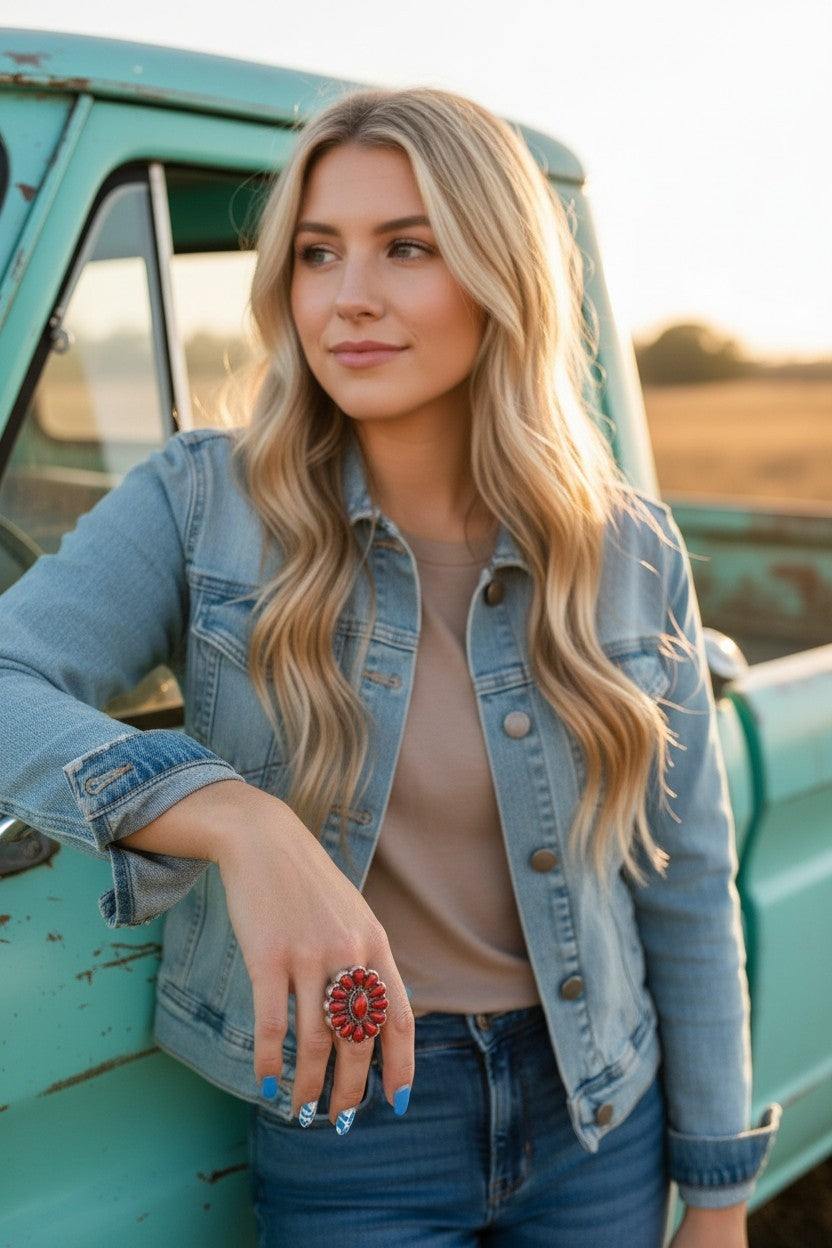 Crimson Cowgirl Bloom Stretch Statement Ring