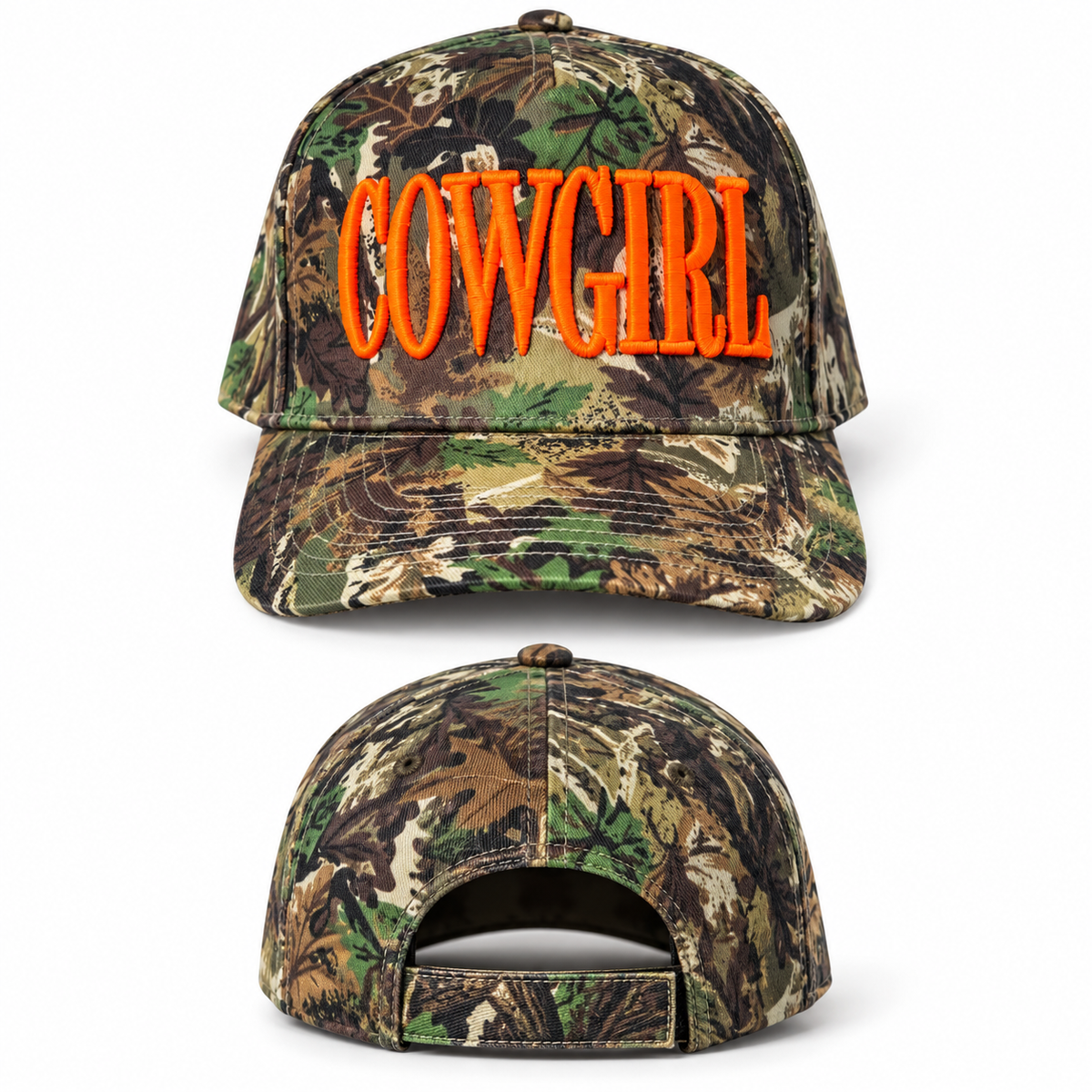 Neon Cowgirl Camo Trucker Hat – Orange Puff Embroidered Cap