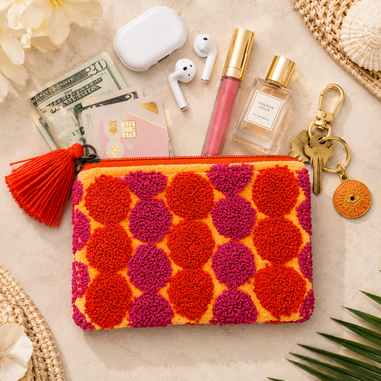 Retro Pop Velvet Coin Pouch – Colorful Tufted Boho Zip Clutch