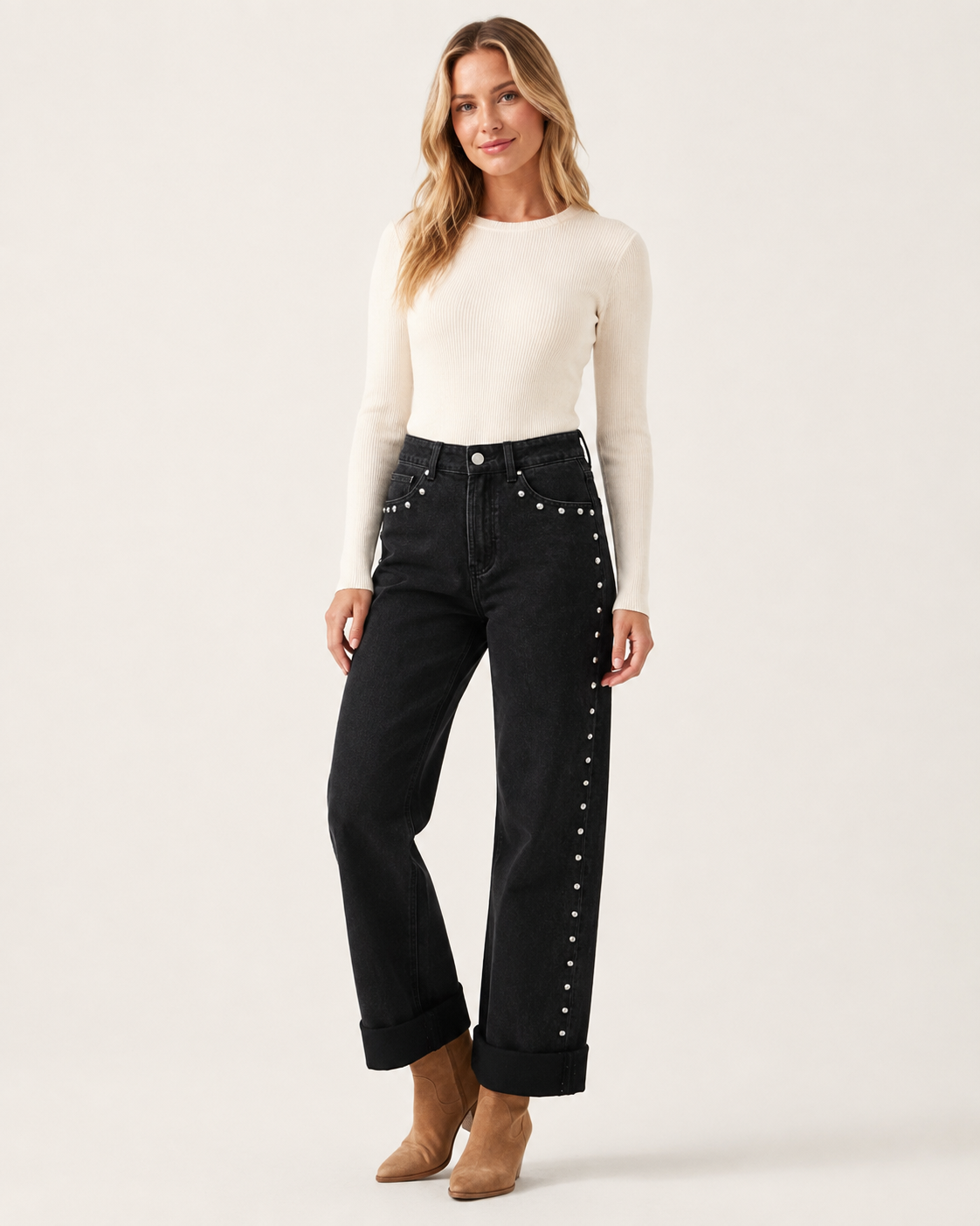 Midnight Row Studded Straight-Leg Jeans