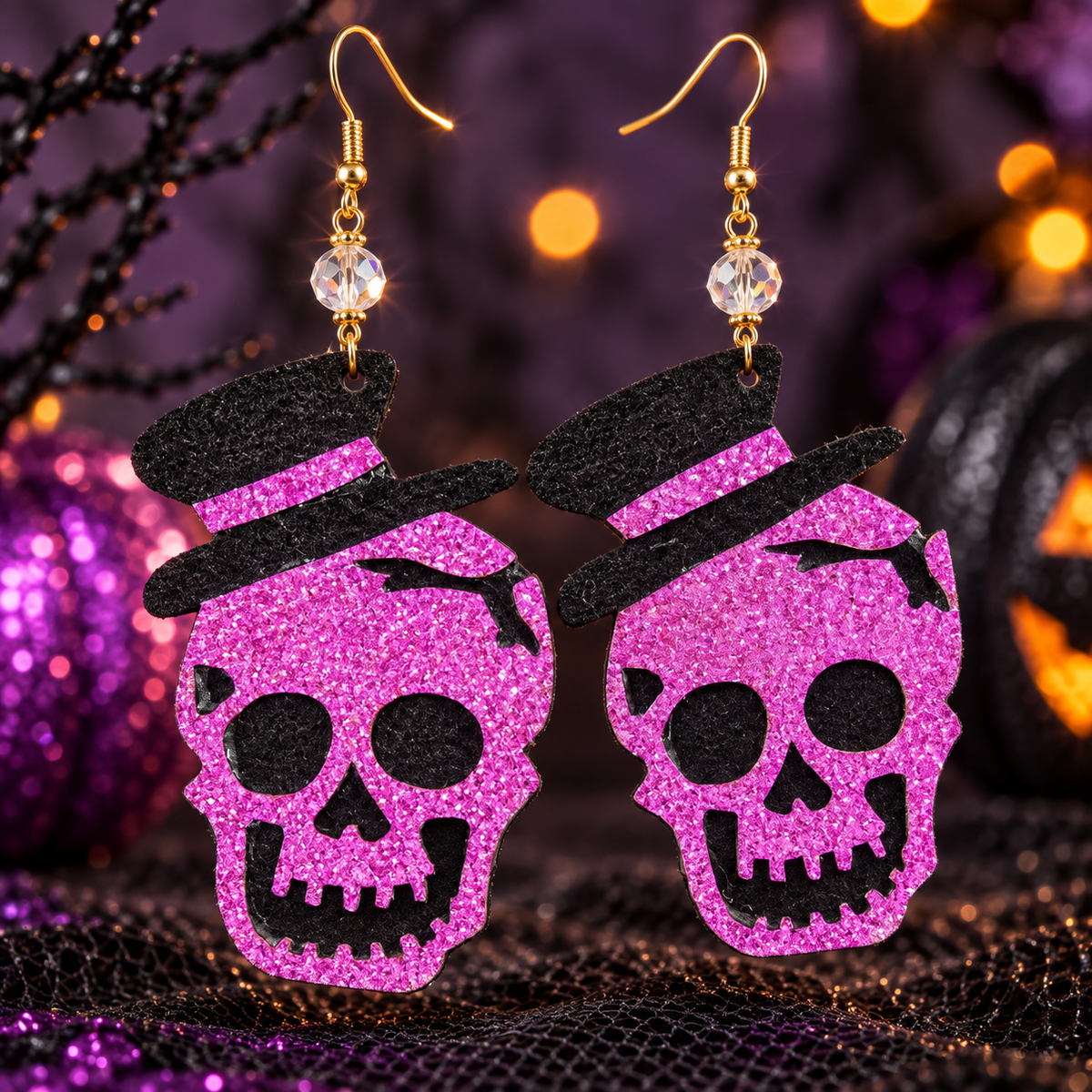 Purple Poison Glitter Skull Drop Earrings