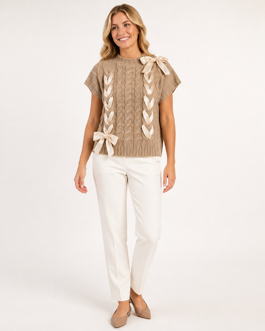 Softly Tied Satin-Ribbon Cable-Knit Sweater