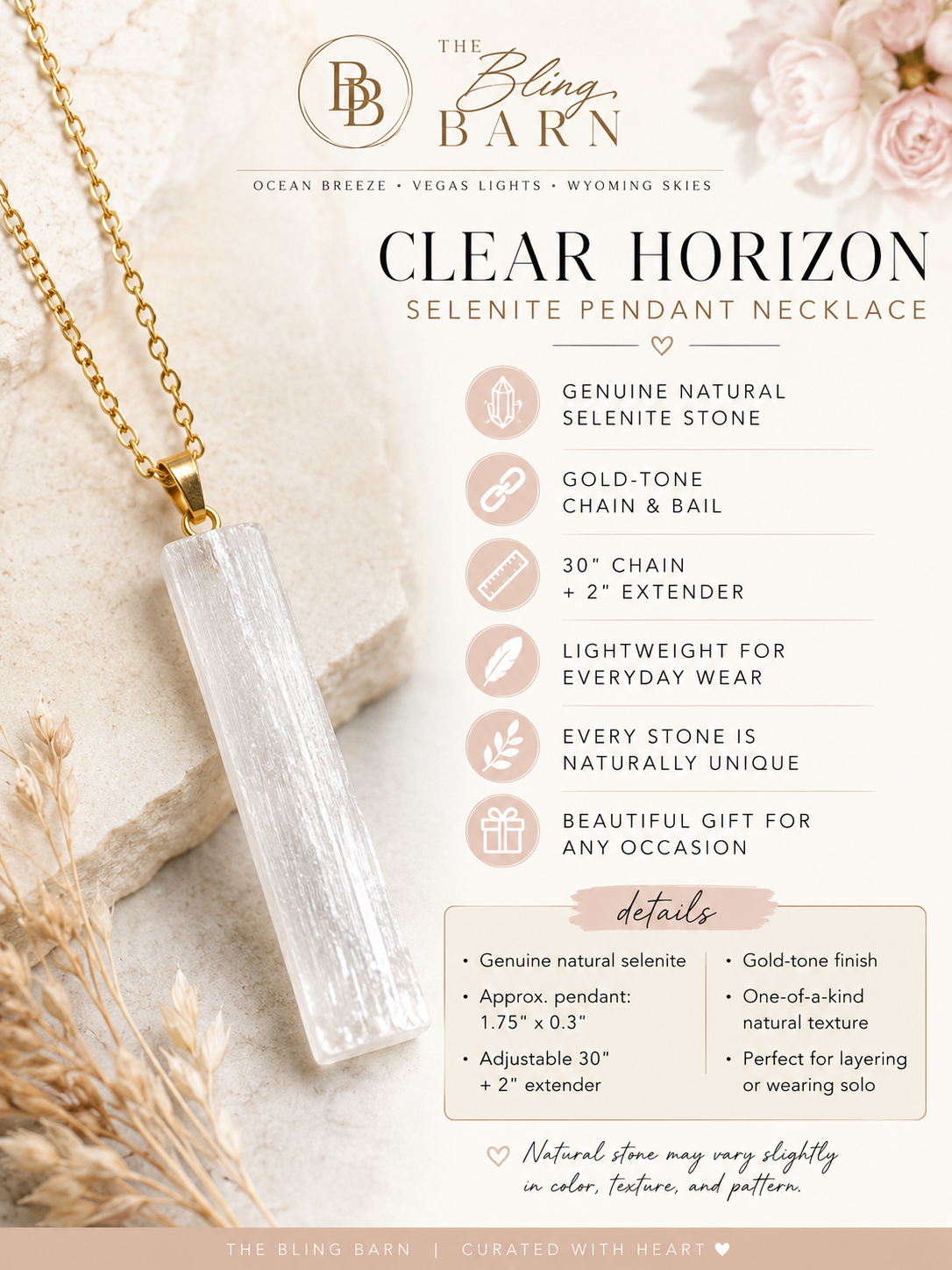 Clear Horizon Selenite Pendant Necklace