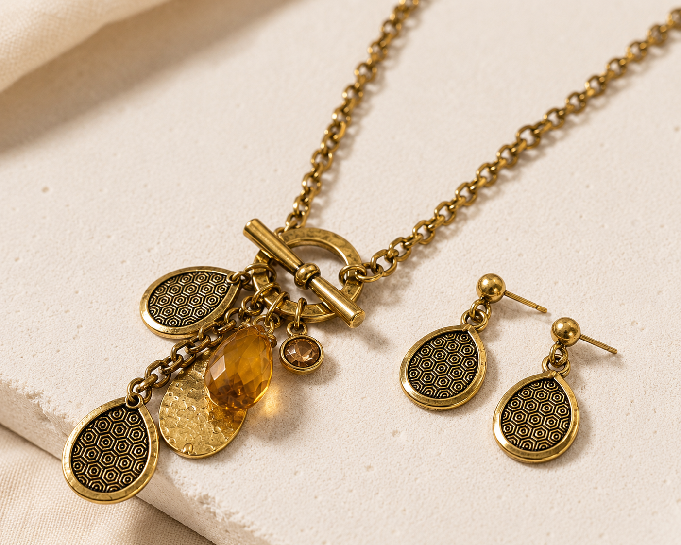 Golden Hour Charm Necklace Set | Antique Gold Toggle Necklace with Matching Earrings