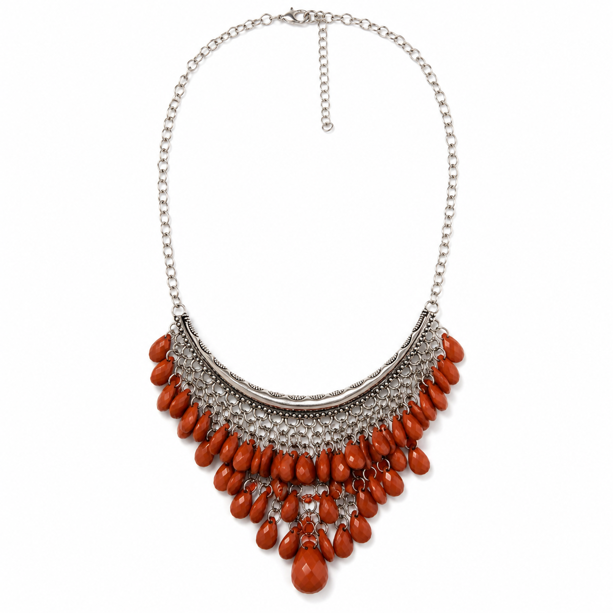 Full necklace centered on pure white, arranged exactly as it naturally drapes. Keep the structured curved collar crisp and make sure all of the rust teardrop fringe is visible and separated enough to read clearly.