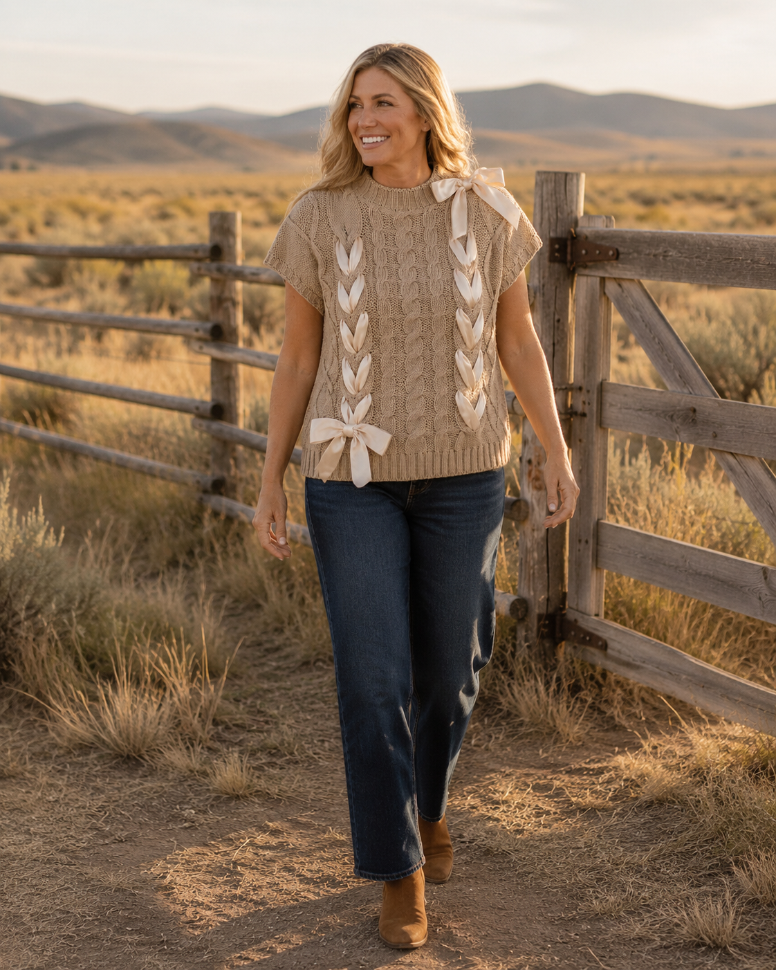 Softly Tied Satin-Ribbon Cable-Knit Sweater