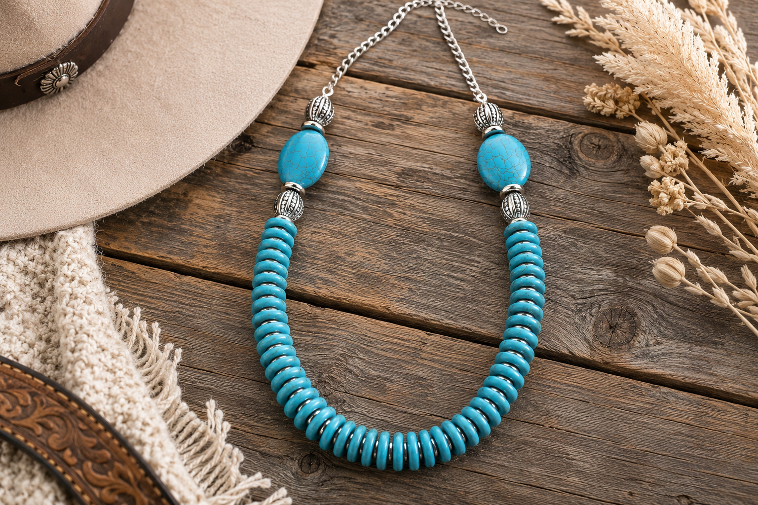 A turquoise beaded necklace with a coiled lower section, two round turquoise beads, and silver-toned chain and spacer details, styled on a rustic wooden surface with a hat, scarf, and dried grass nearby.
