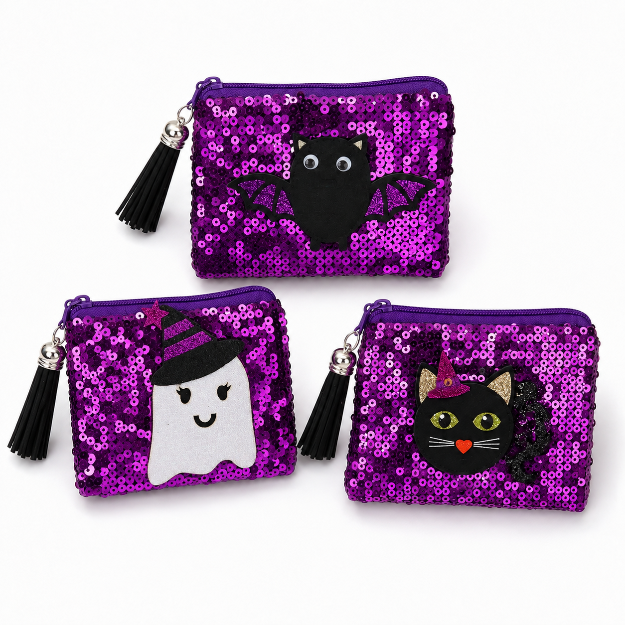 Purple sequin Halloween coin purses featuring bat, ghost and black cat designs with tassel keychains.
