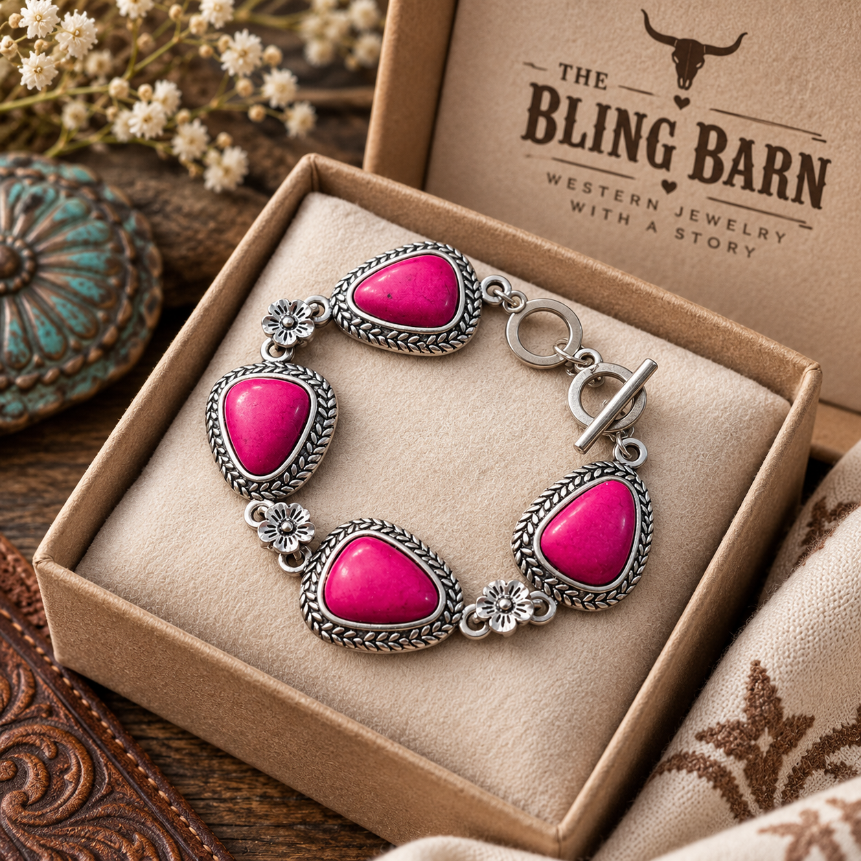 A silver-toned western-style bracelet with four bright pink teardrop stones and floral details, displayed in a tan jewelry box. The box lid shows the brand name 'The Bling Barn Western Jewelry with a Story'.