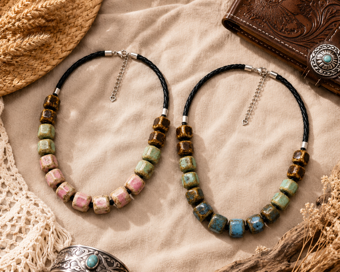 Coastal Canyon Ceramic Bead Statement Necklace- Coastal Cowgirl Boho Statement Jewelry