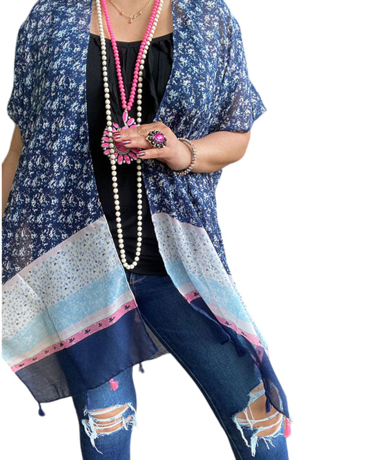 Beach Days Navy Blue and Pink Kimono with Tassels