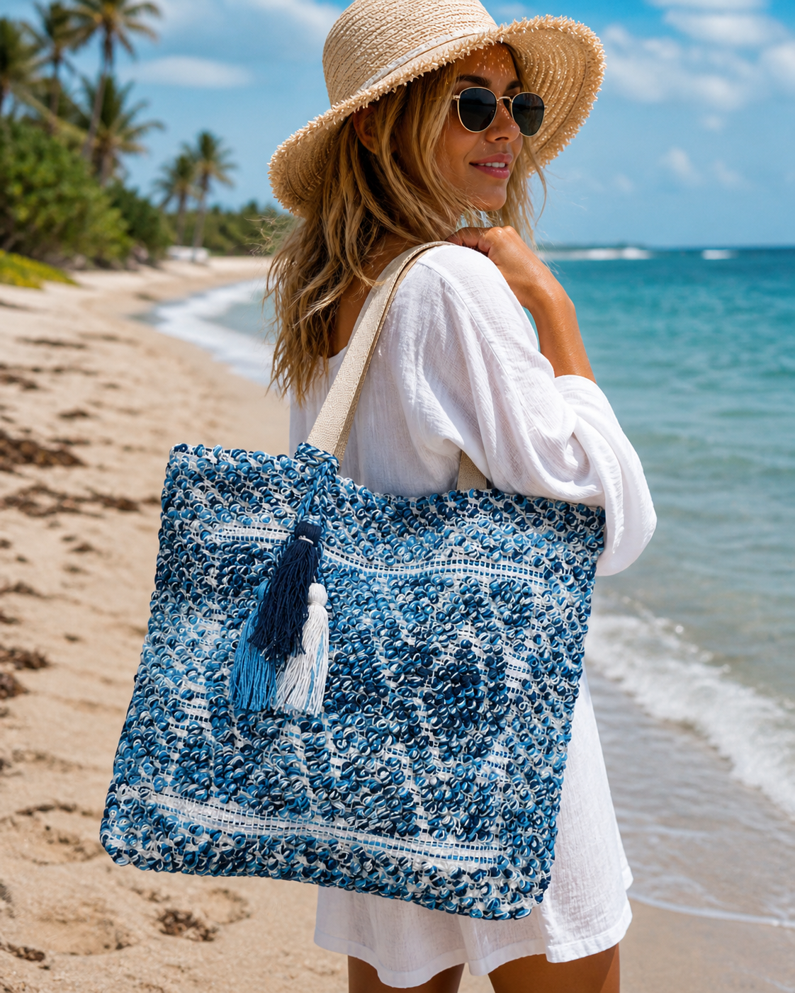 Coastal Mosaic Beach Tote – Oversized Textured Carryall