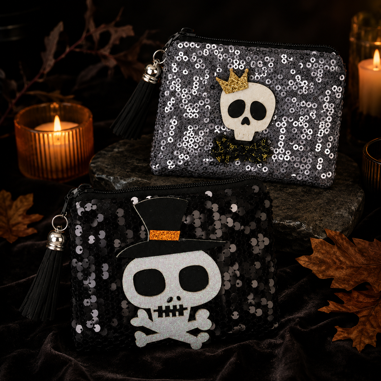 Black and silver Halloween sequin coin purses with skull designs styled in a moody candlelit After Dark scene.