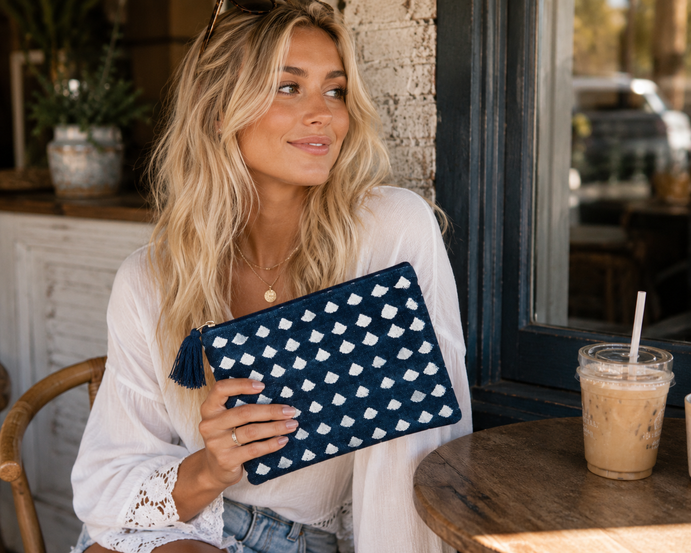 Indigo Tide Zip Pouch | Navy & White Cotton Cosmetic Bag