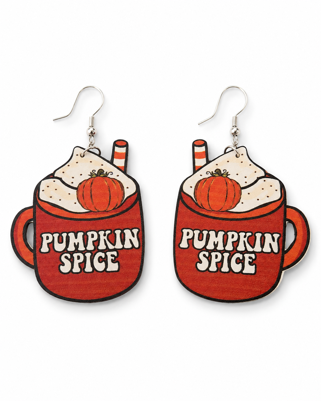 Pumpkin Spice Season Earrings featuring red coffee mugs, whipped cream, pumpkins and retro fall lettering.