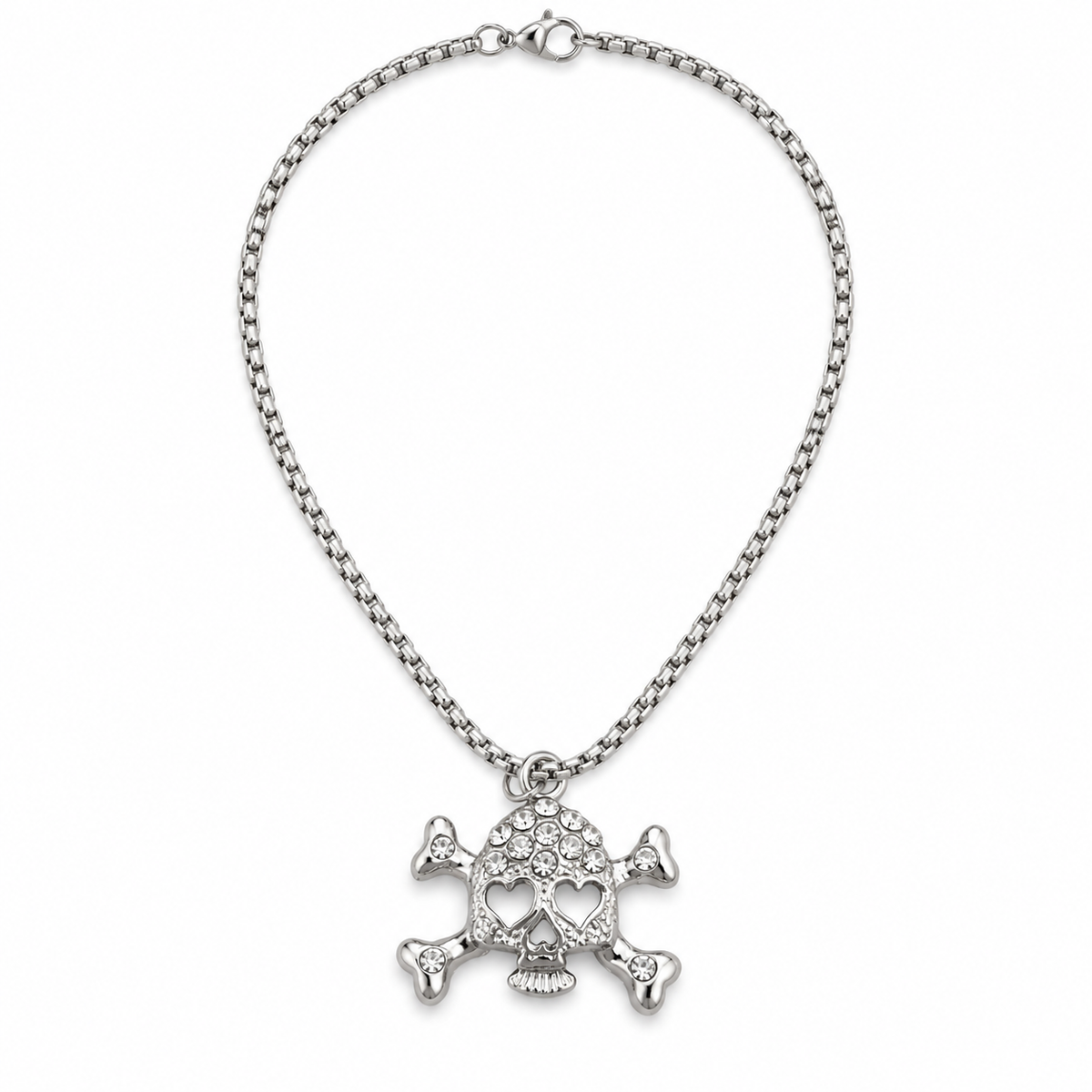 A silver-toned chain necklace featuring a skull and crossbones pendant embellished with clear rhinestones, shown against a plain white background.