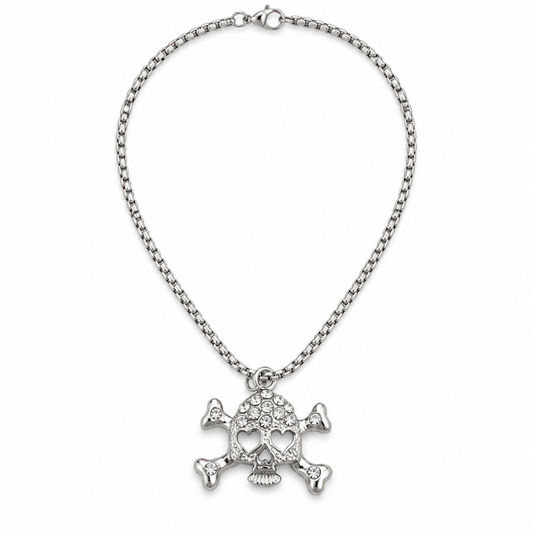 A silver-toned chain necklace featuring a skull and crossbones pendant embellished with clear rhinestones, shown against a plain white background.