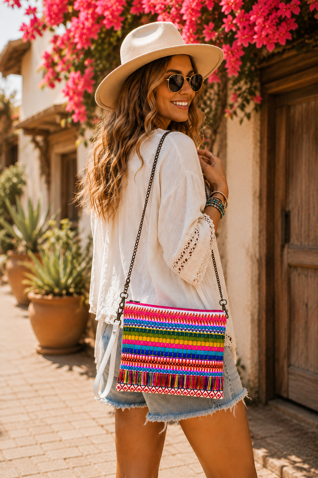 Electric Sunset Fringe Crossbody Wristlet – Colorful Boho Embroidered Convertible Bag