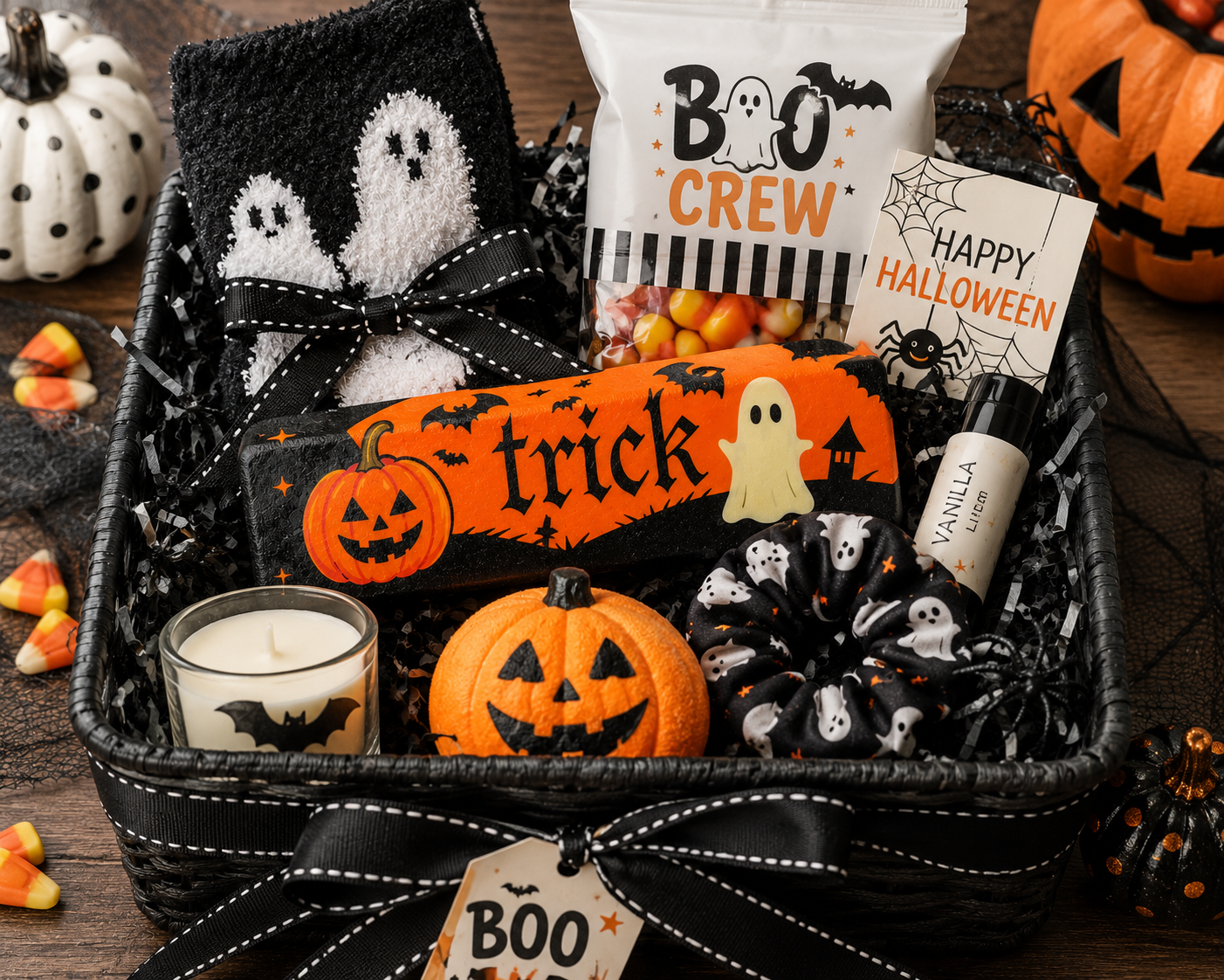 Halloween boo basket featuring Trick or Treat butter squishy with candy, ghost accessories and seasonal gift items