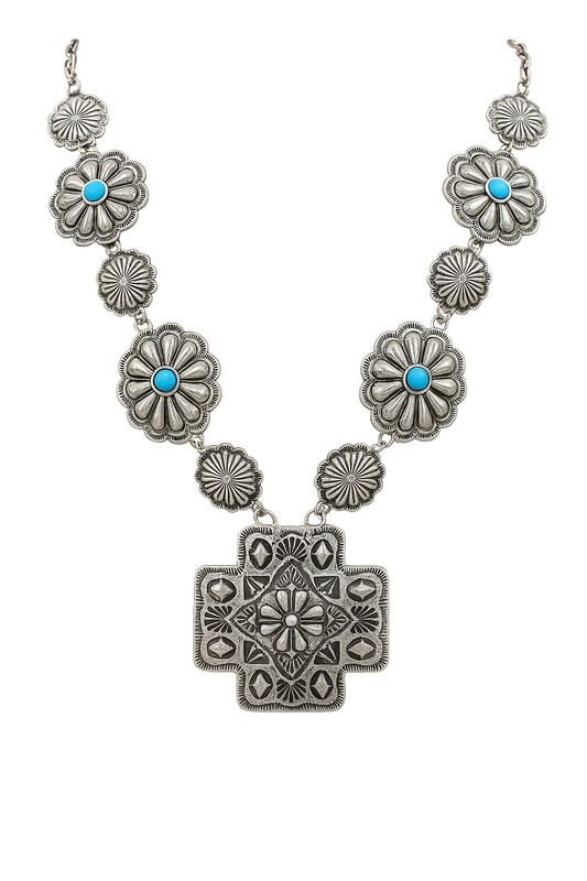 Prairie Starburst Necklace – Western Concho Statement with Faux Turquoise Accents