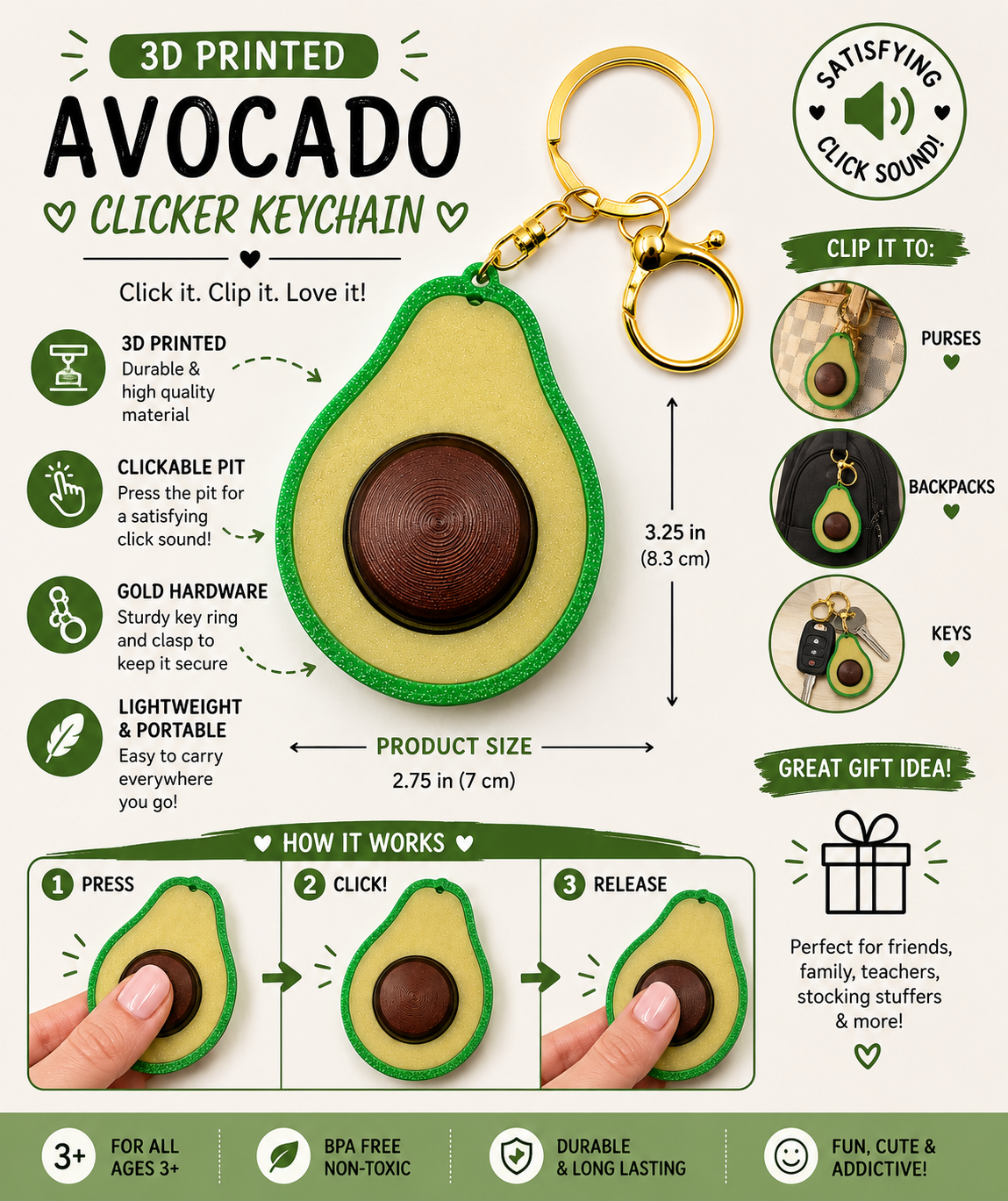 Avocado Clicker Fidget Keychain 3D Printed Sensory Key Ring Novelty Stress Relief Keychain