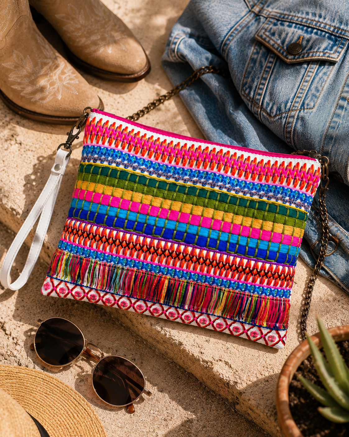 Electric Sunset Fringe Crossbody Wristlet – Colorful Boho Embroidered Convertible Bag