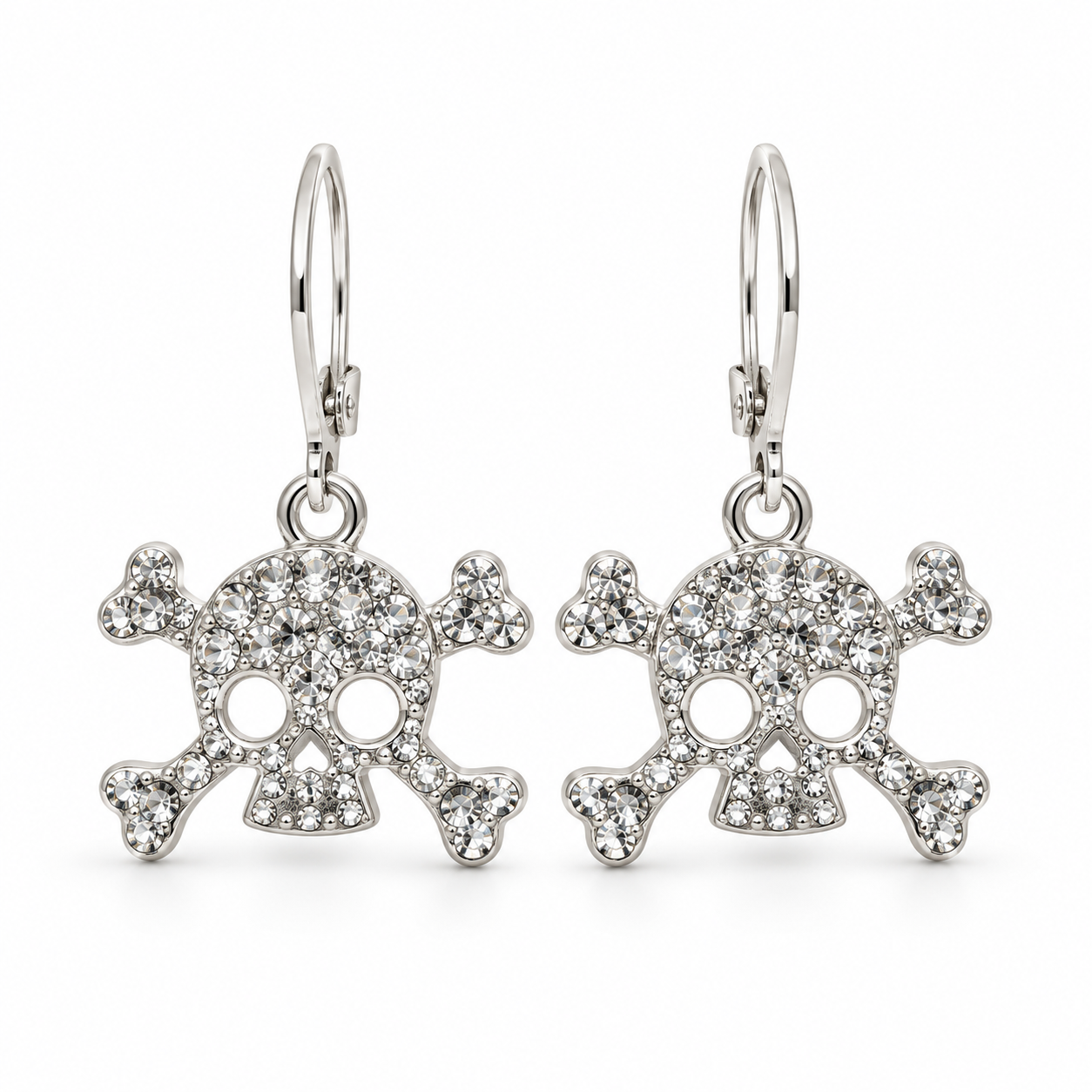 A pair of silver leverback earrings featuring skull and crossbones charms paved with clear rhinestones, shown against a plain white background.