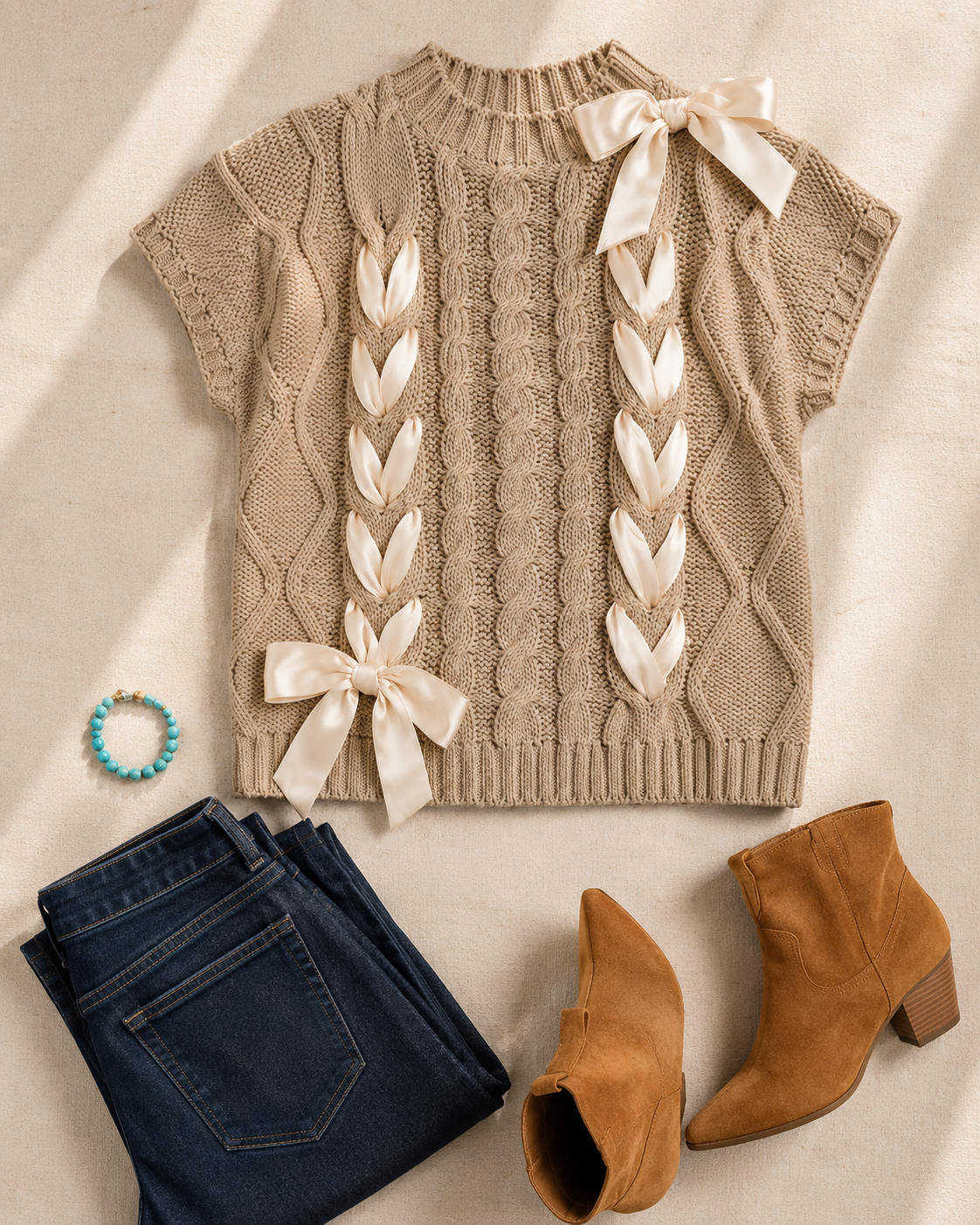 Softly Tied Satin-Ribbon Cable-Knit Sweater