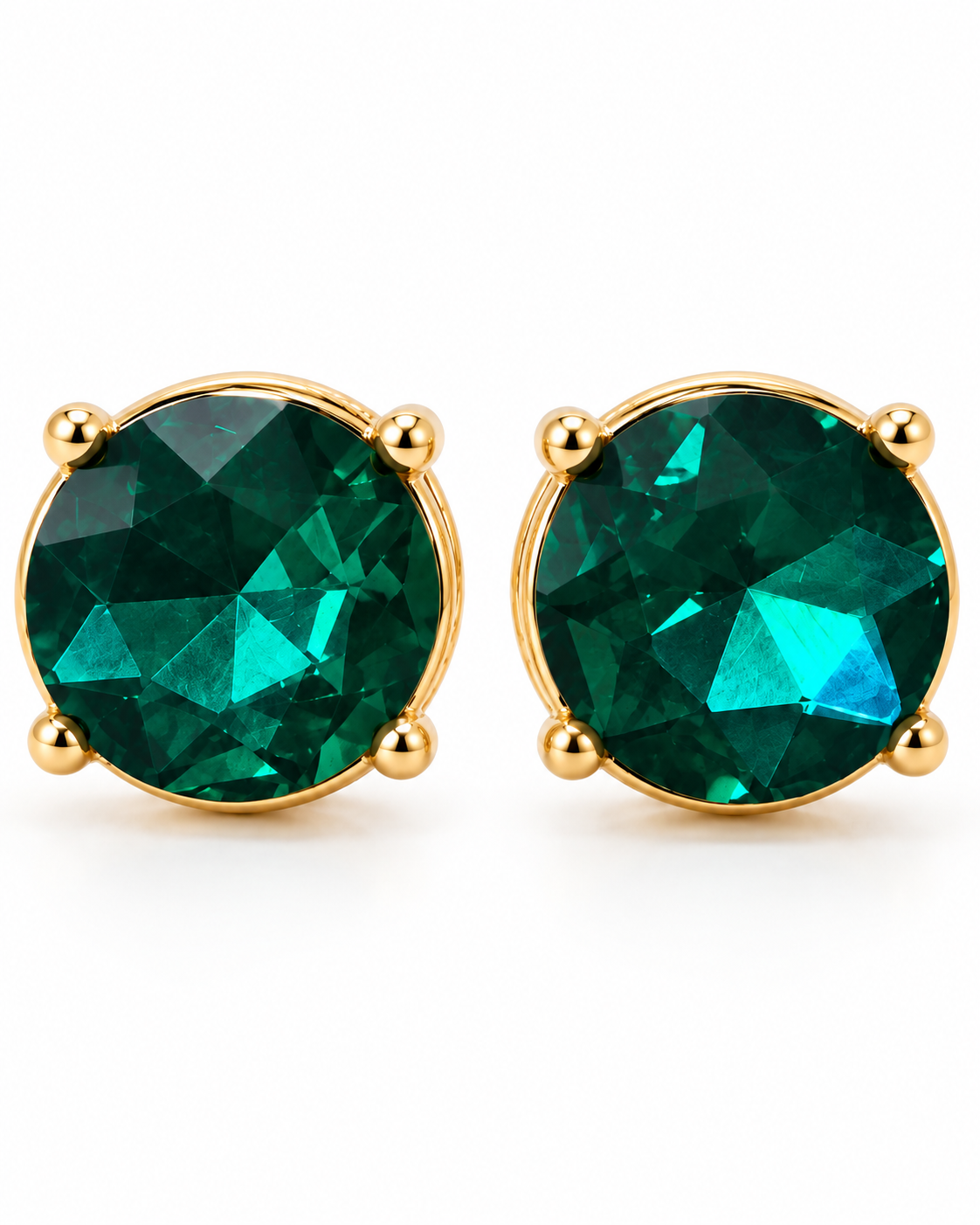 A pair of round-cut green gemstone stud earrings in a gold four-prong setting, shown on a clean white background.