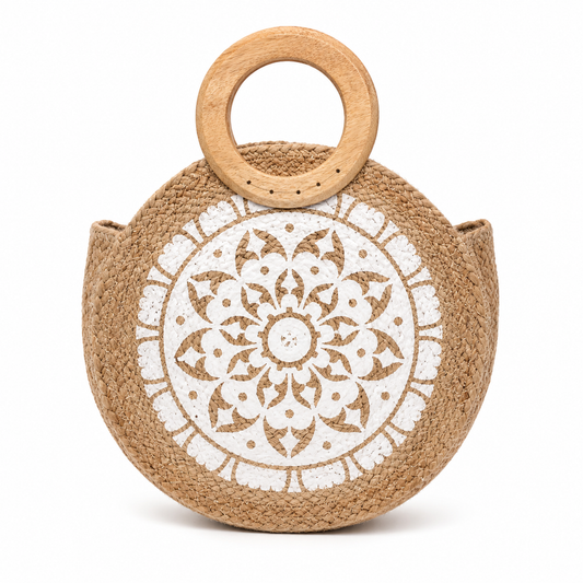 Santorini Round Jute Tote – Wooden Handle Coastal Bag