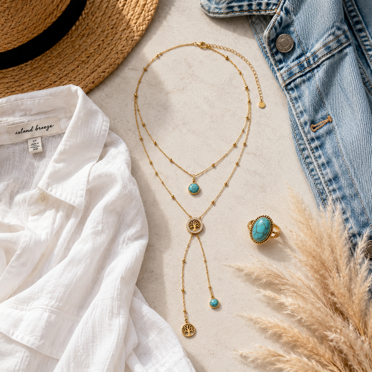 Golden Roots Turquoise Tree of Life Lariat Necklace