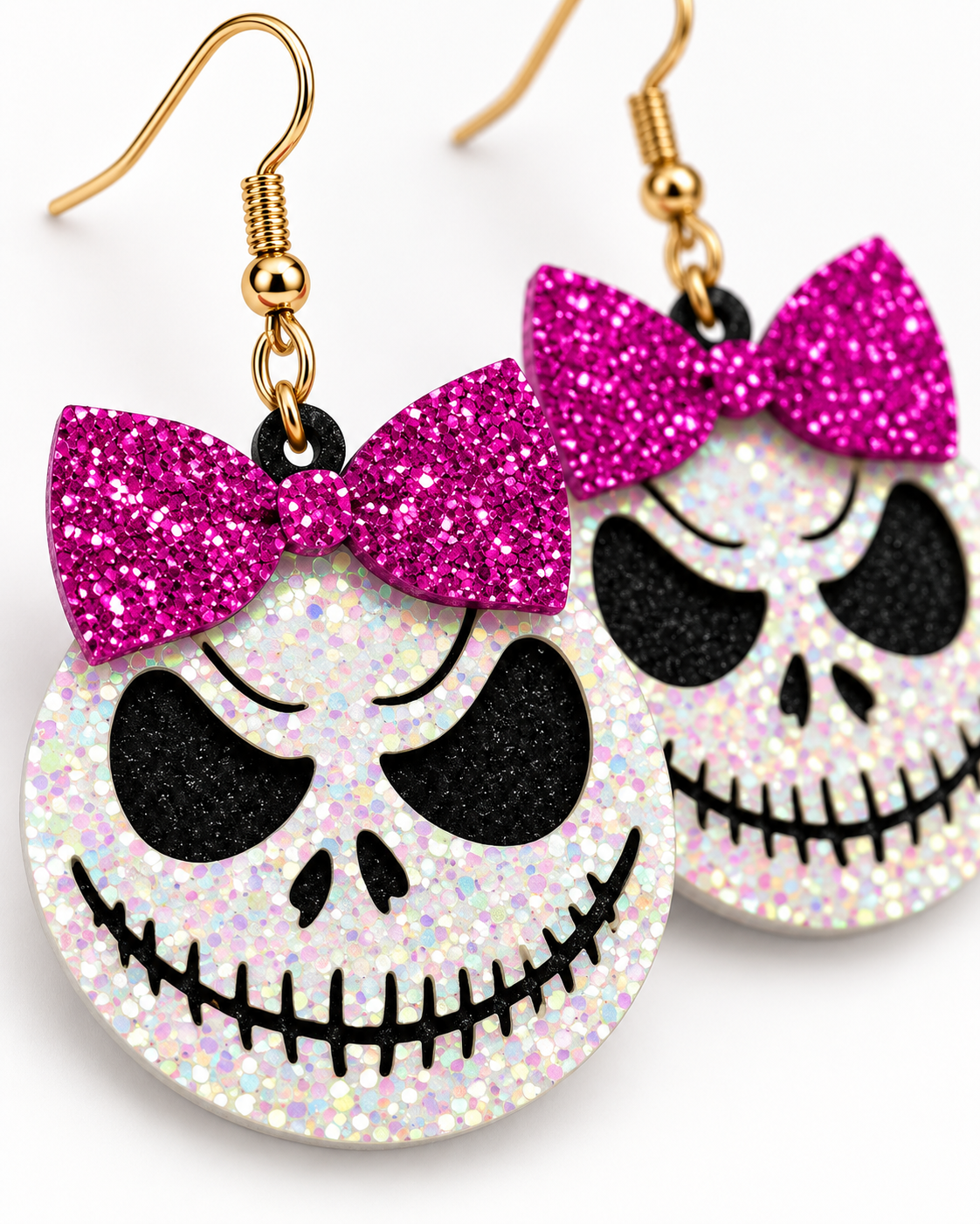 A pair of dangling earrings featuring round white glitter skull faces with black glitter eyes and mouths, each topped with a bright pink glitter bow, hanging from gold-tone hooks on a white background.
