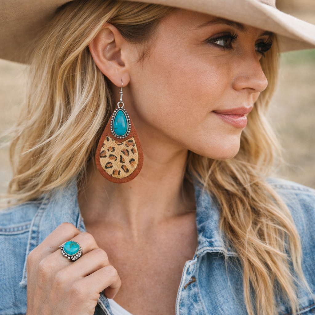 Saddle Ridge Turquoise Wood Teardrop Earrings