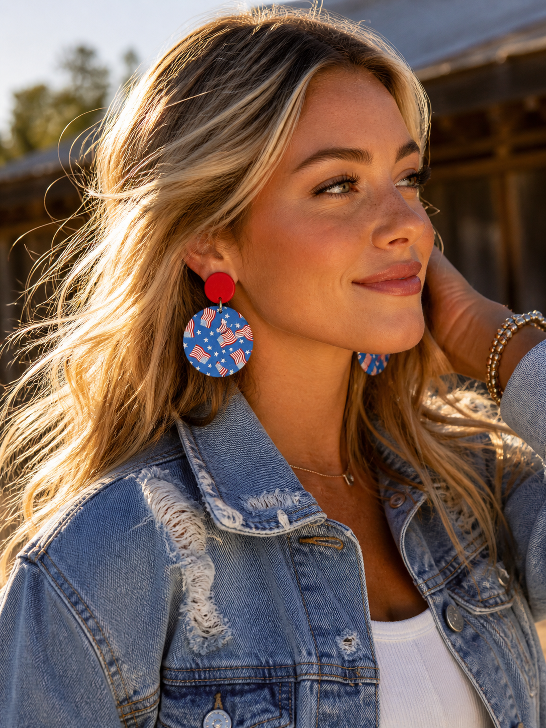 Firecracker Babe Red White Blue Statement Earrings – Patriotic Western Cowgirl Dangle Earrings, 4th of July Outfit Jewelry