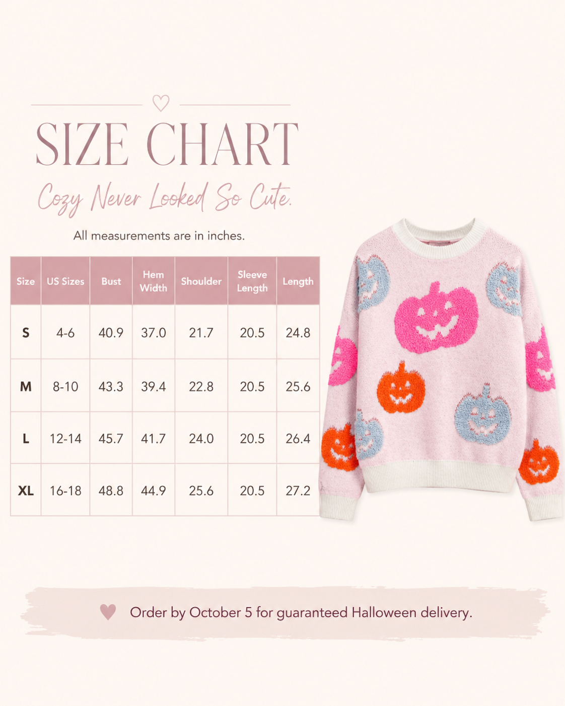 Size chart for the Pumpkin Pop Halloween Knit Sweater showing sizes S through XL and garment measurements in inches