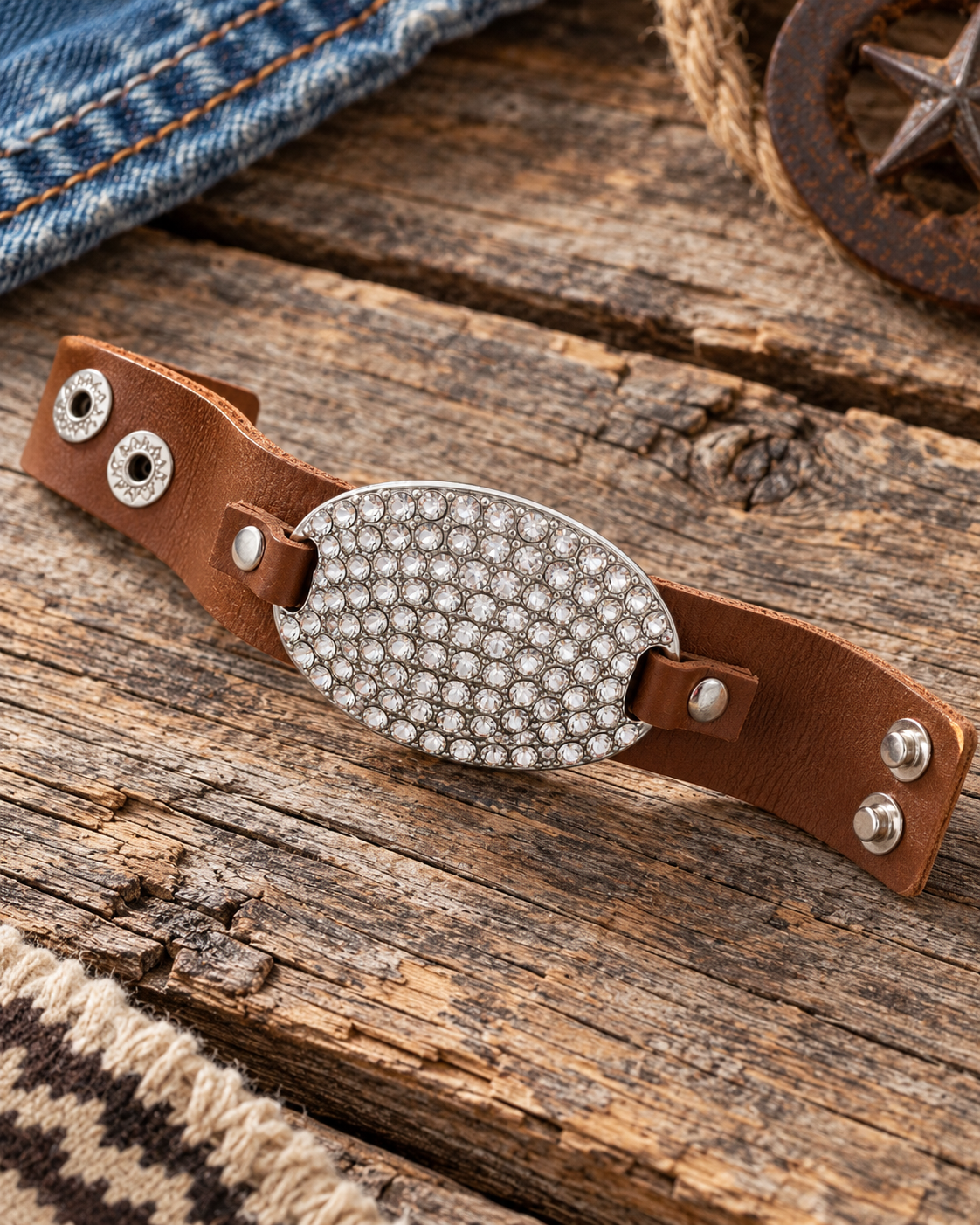 A brown leather western-style bracelet with a large oval silver-tone plate covered in clear rhinestones, displayed on a rustic wooden surface with denim and rope props.
